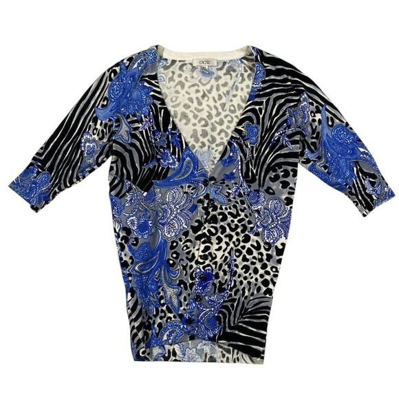 Y2K Cache XS Animal‎ Print Cardigan Blue Black Zebra Leopard Paisley - Picture 1 of 3